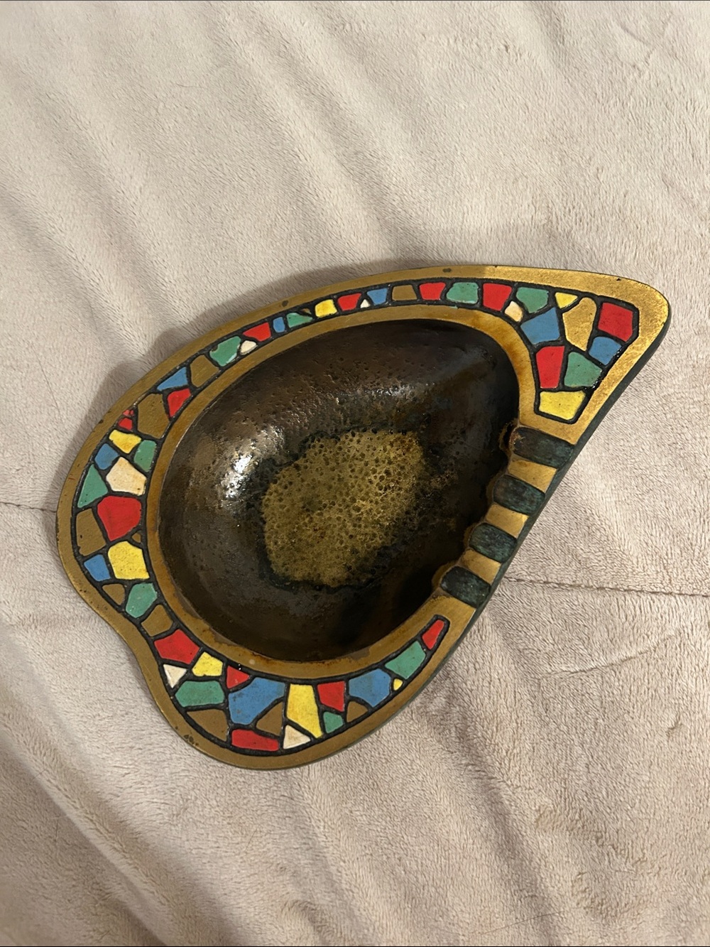 Solid Brass Hand Painted Mosaic-Style Ashtray By Dayagi, Israel 1960s